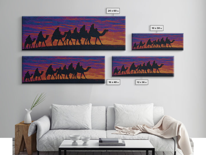 Vibrant Sunset Camel Caravan Silhouette Canvas Print, African Safari Wall Decor, Boho Desert Landscape, Colorful Art Gift