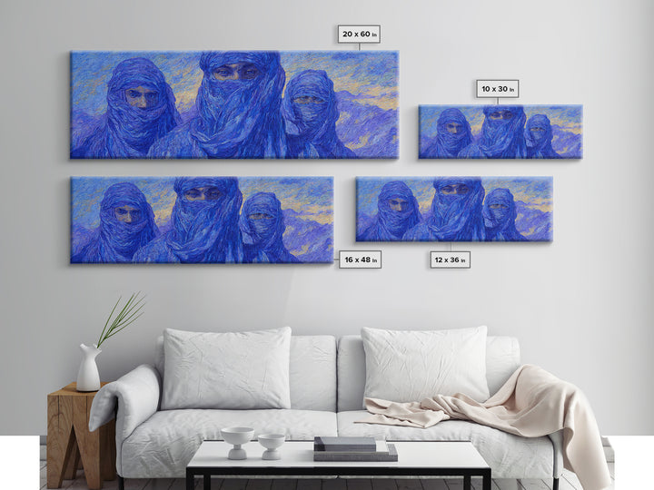 Three Blue Veiled Tuareg Portraits Canvas Print, African Painting Wall Art, Sahara Desert Decor, Modern Cultural Artwork