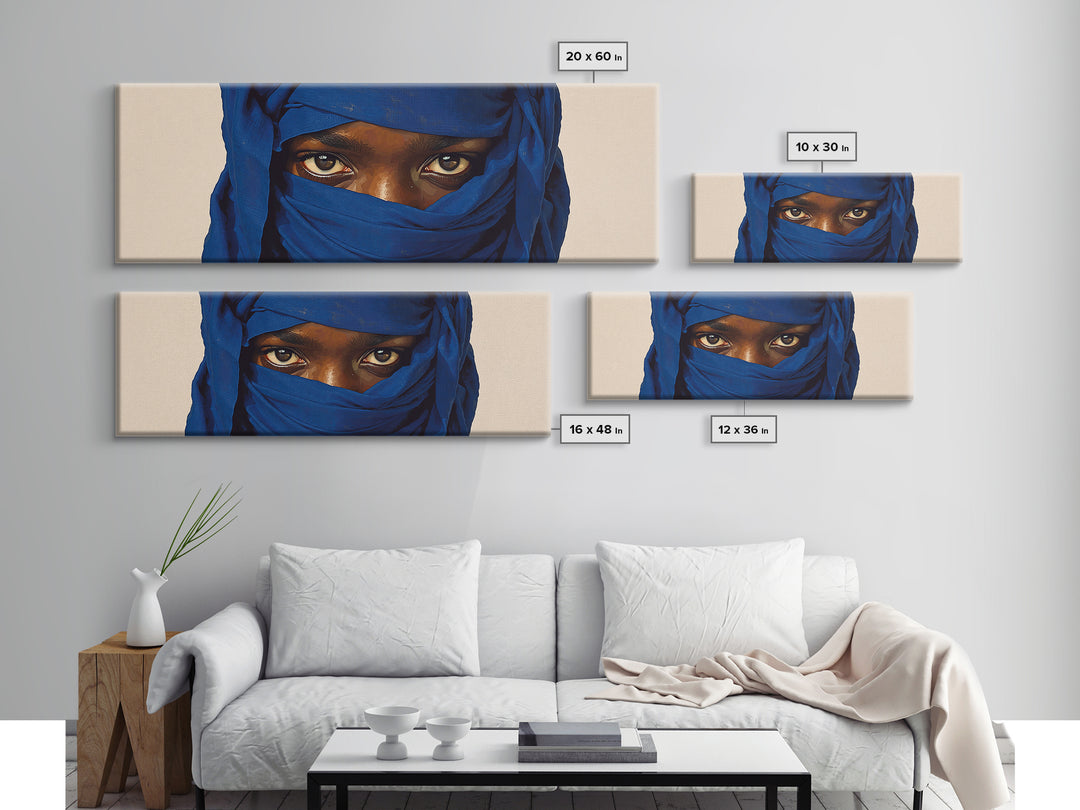Intense Blue Veiled Eyes Portrait Canvas Print, African Woman Wall Art, Black Female Art, Minimalist Sahara Home Decor Gift