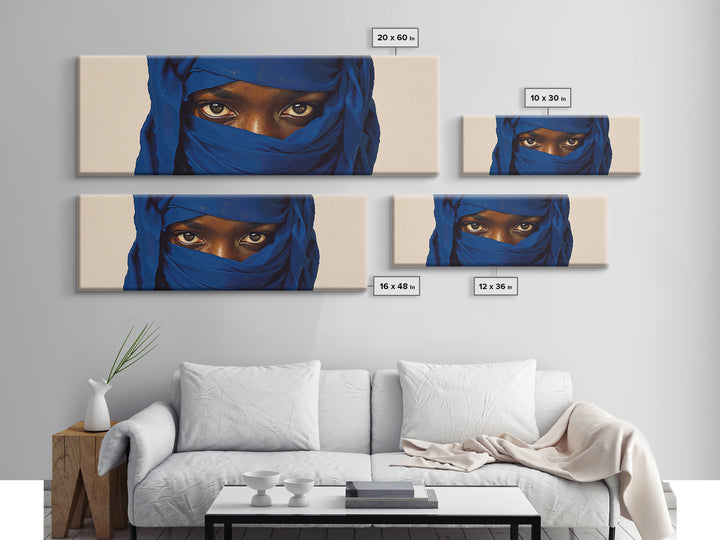 Intense Blue Veiled Eyes Portrait Canvas Print, African Woman Wall Art, Black Female Art, Minimalist Sahara Home Decor Gift