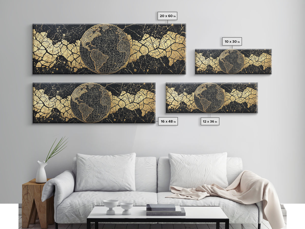 Golden World Map Globe Wall Art, African Travel Canvas Print, Black Gold Decor, Global Culture Office Art, Statement Gift