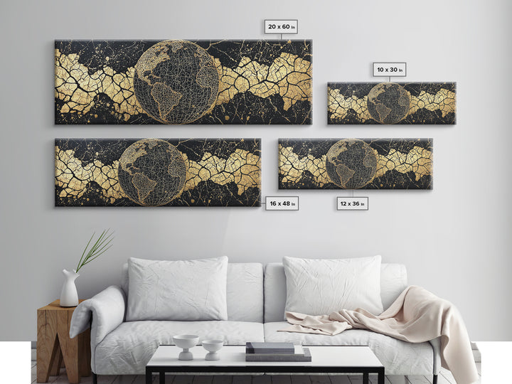 Golden World Map Globe Wall Art, African Travel Canvas Print, Black Gold Decor, Global Culture Office Art, Statement Gift