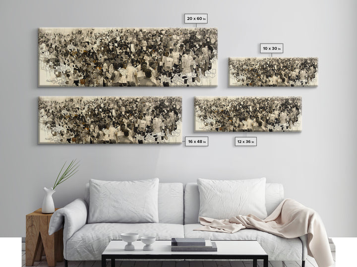 Sepia African Community Wall Art, Crowded Market Portrait, Black People Culture Decor, Panoramic Canvas Print Gift For Home
