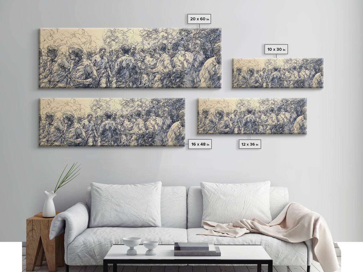 Blue Ink African Community Canvas Print, Expressive Line Drawing, Cultural Wall Decor, Black People Panoramic Art Home Decor Gift