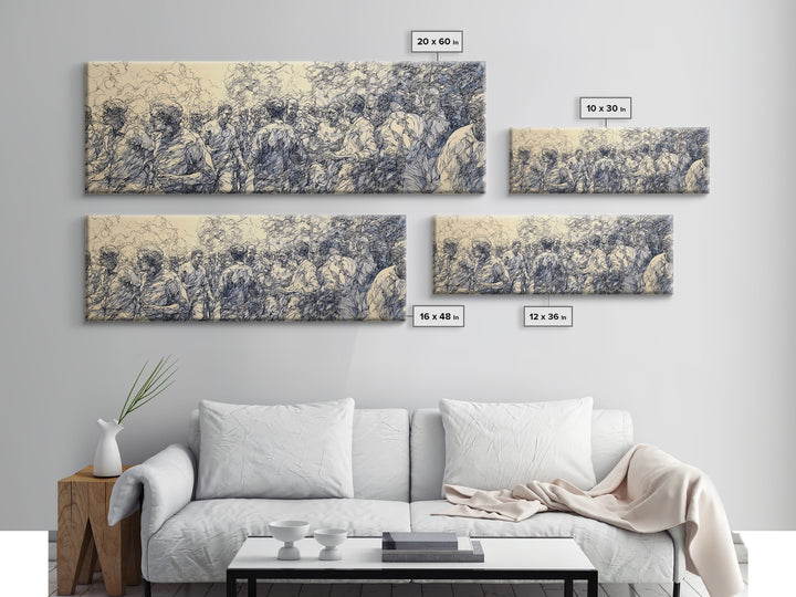 Blue Ink African Community Canvas Print, Expressive Line Drawing, Cultural Wall Decor, Black People Panoramic Art Home Decor Gift