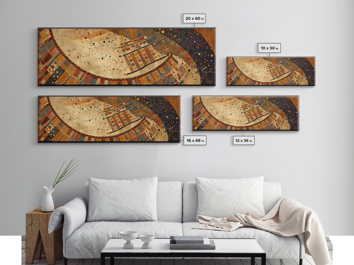 Celestial Ankara Crescent With Orange Patterns Canvas Print, African Fabric Art, Afrocentric Wall Decor, Boho Cultural Art