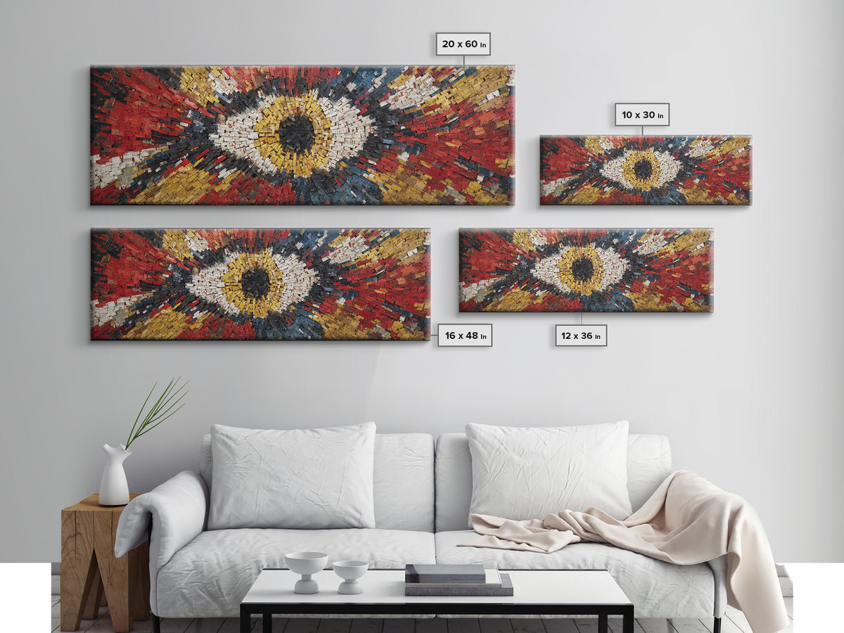 Exploding Eye Mosaic In Red Gold And Navy Framed Canvas Print, Abstract African Art, Bold Statement Wall Decor For Living Room