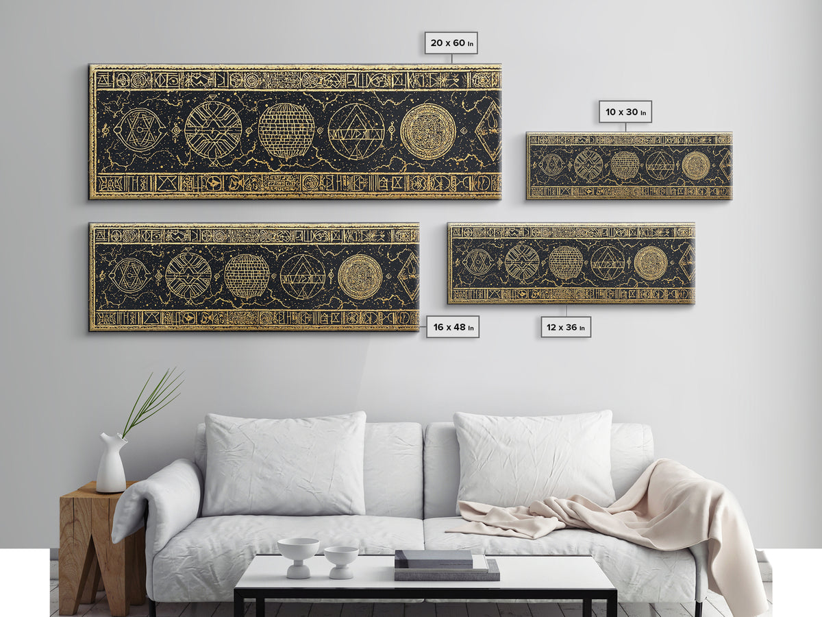 Gold Sacred Geometry Symbols On Black Canvas Print, African Patterns, Tribal Wall Art, Mystical Meditation Home Decor Gift