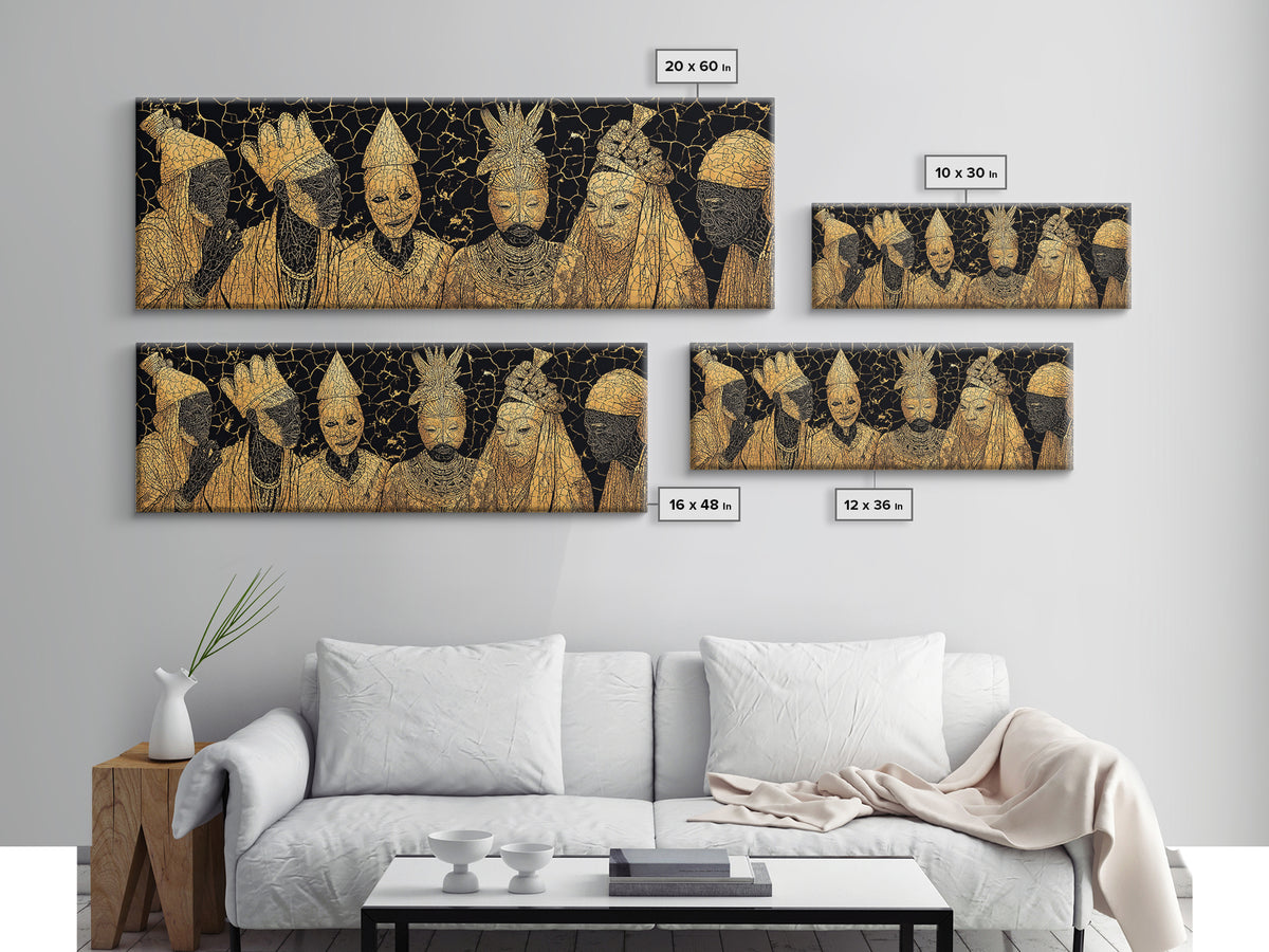 Gold African Royal Figures In Patterned Tribal Masks Framed Canvas Print, Black And Gold Art, African Wall Decor, Afro Art