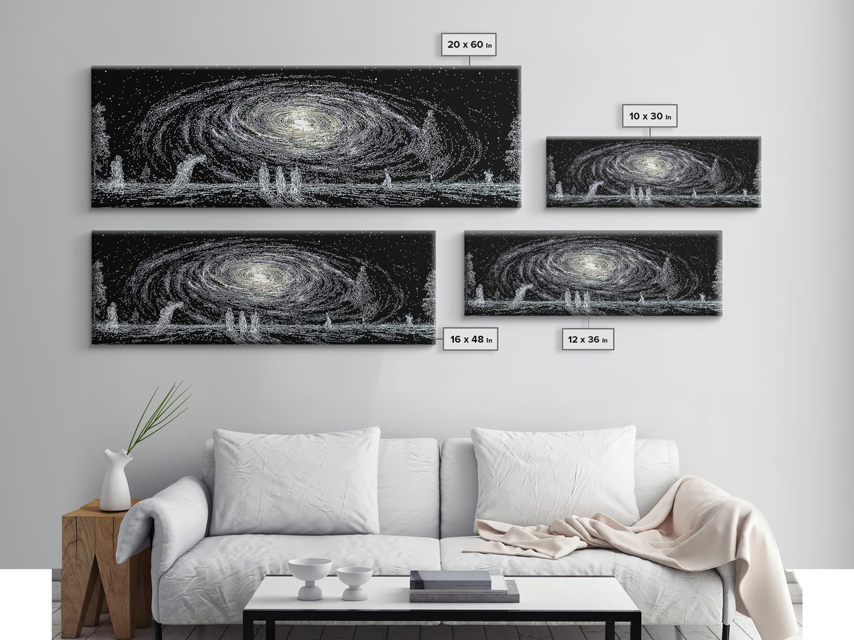 Cosmic Spiral Galaxy Over Water And Tiny Figures Canvas Print, Mystical Wall Art, Black And White Art, Contemporary Wall Art