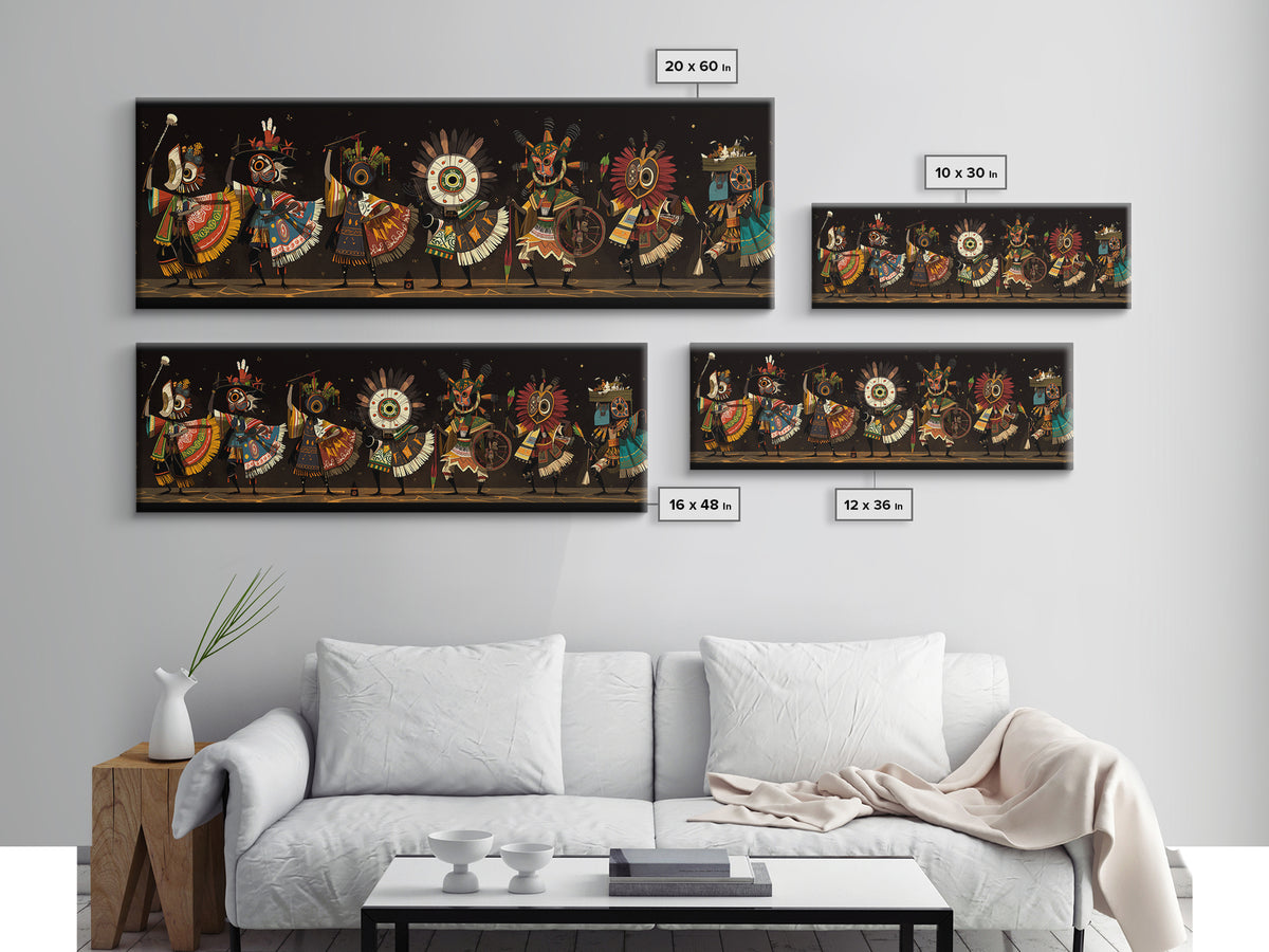 Masked African Dancers In Colorful Tribal Costumes Wall Art, Afrocentric Canvas Print, Cultural Statement Living Room Decor