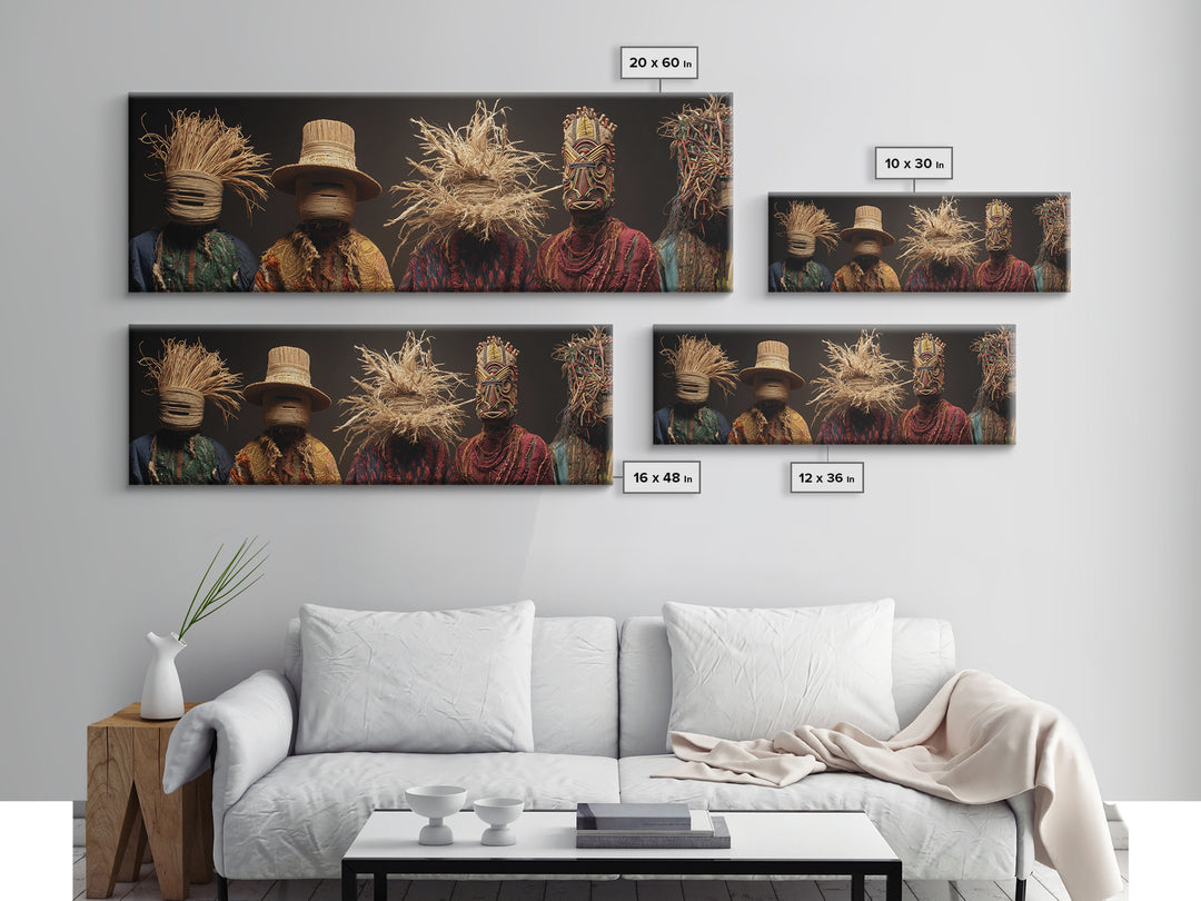 Straw Masked African Figures In Woven Textiles Framed Canvas Print, Tribal Portrait Wall Art, Afrocentric Home Decor Gift