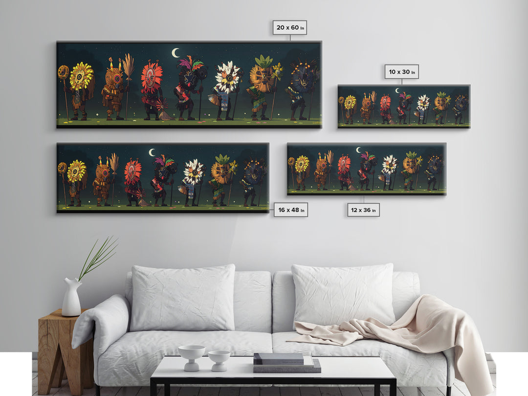 Moonlit African Mask Procession With Flower Headdresses Wall Art, Tribal Canvas Print, Boho Afrocentric Room Decor Statement Gift
