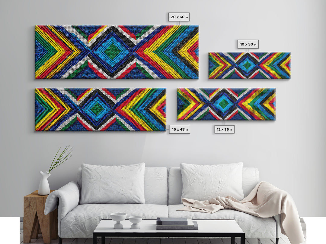 Vibrant Beaded Diamond Chevron Wall Art, African Tribal Pattern, Geometric Textile Print, Colorful Boho Home Decor, Statement Piece