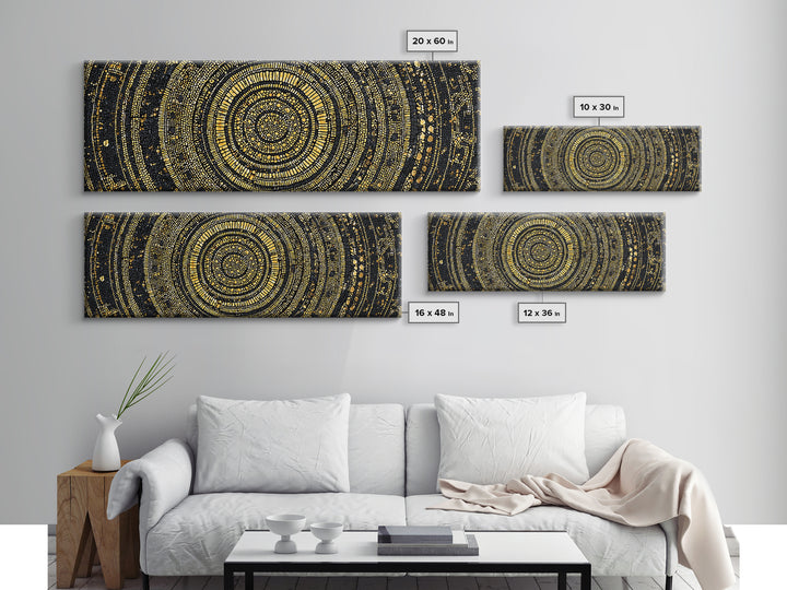 Gold Circular Mosaic Wall Art, Ancient African Abstract Pattern, Black And Gold Canvas, Tribal Luxury Home Decor, Statement Piece