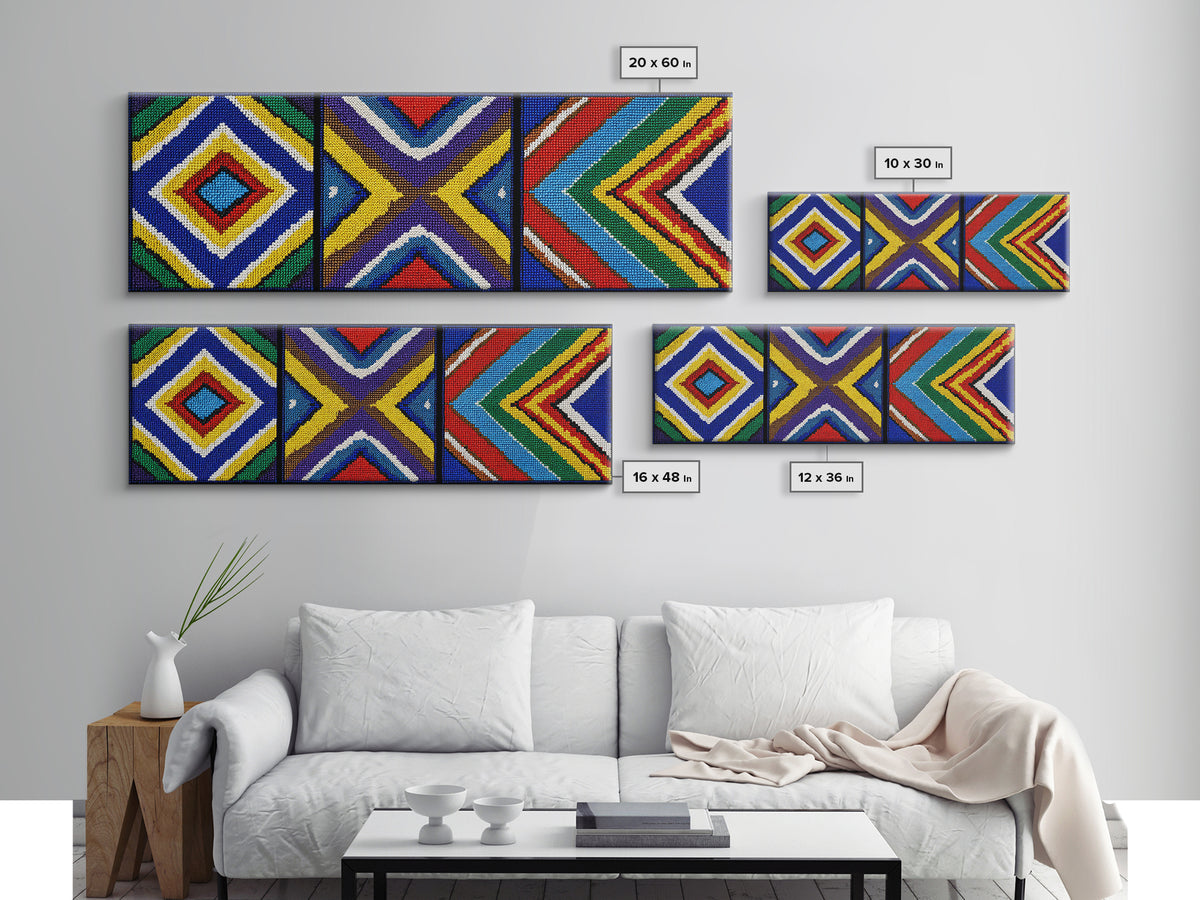 Three Panel Beaded Diamond Canvas Print, African Tribal Chevron Pattern, Geometric Wall Art, Colorful Boho Wall Decor, Set Of 3 Art