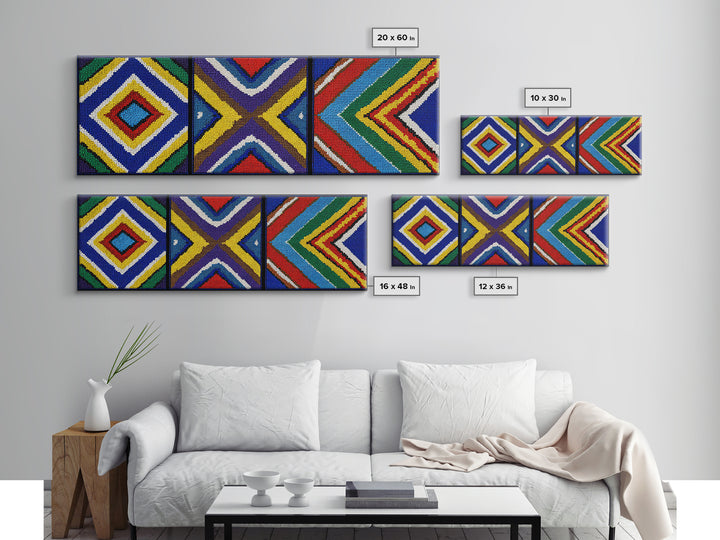 Three Panel Beaded Diamond Canvas Print, African Tribal Chevron Pattern, Geometric Wall Art, Colorful Boho Wall Decor, Set Of 3 Art