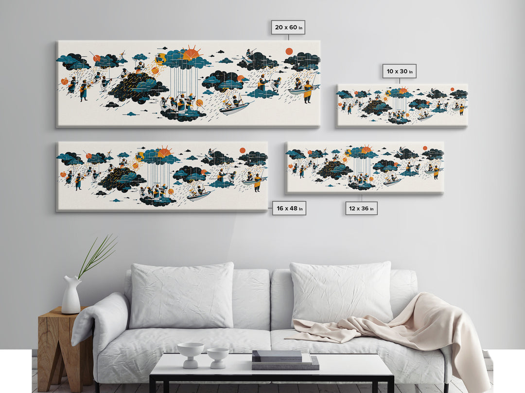 Whimsical Rain Cloud Journey Wall Art, Tiny Boats And Figures Illustration, Modern Blue Orange Canvas Print, Playful Decor