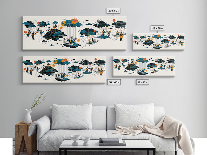 Whimsical Rain Cloud Journey Wall Art, Tiny Boats And Figures Illustration, Modern Blue Orange Canvas Print, Playful Decor