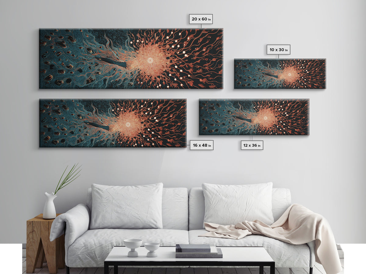 Fiery Coral Organic Bloom Wall Art, Teal Black Abstract Canvas Print, Contemporary Fluid Energy Decor, Bold Home Artwork