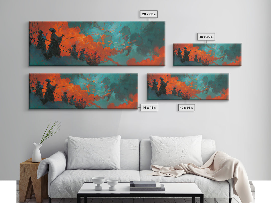 Orange Teal African Warriors In Storm Wall Art, Afrocentric Canvas Decor, Black Culture Art, Ancestral Spirit African Wall Decor