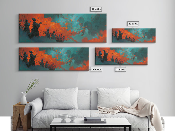 Orange Teal African Warriors In Storm Wall Art, Afrocentric Canvas Decor, Black Culture Art, Ancestral Spirit African Wall Decor