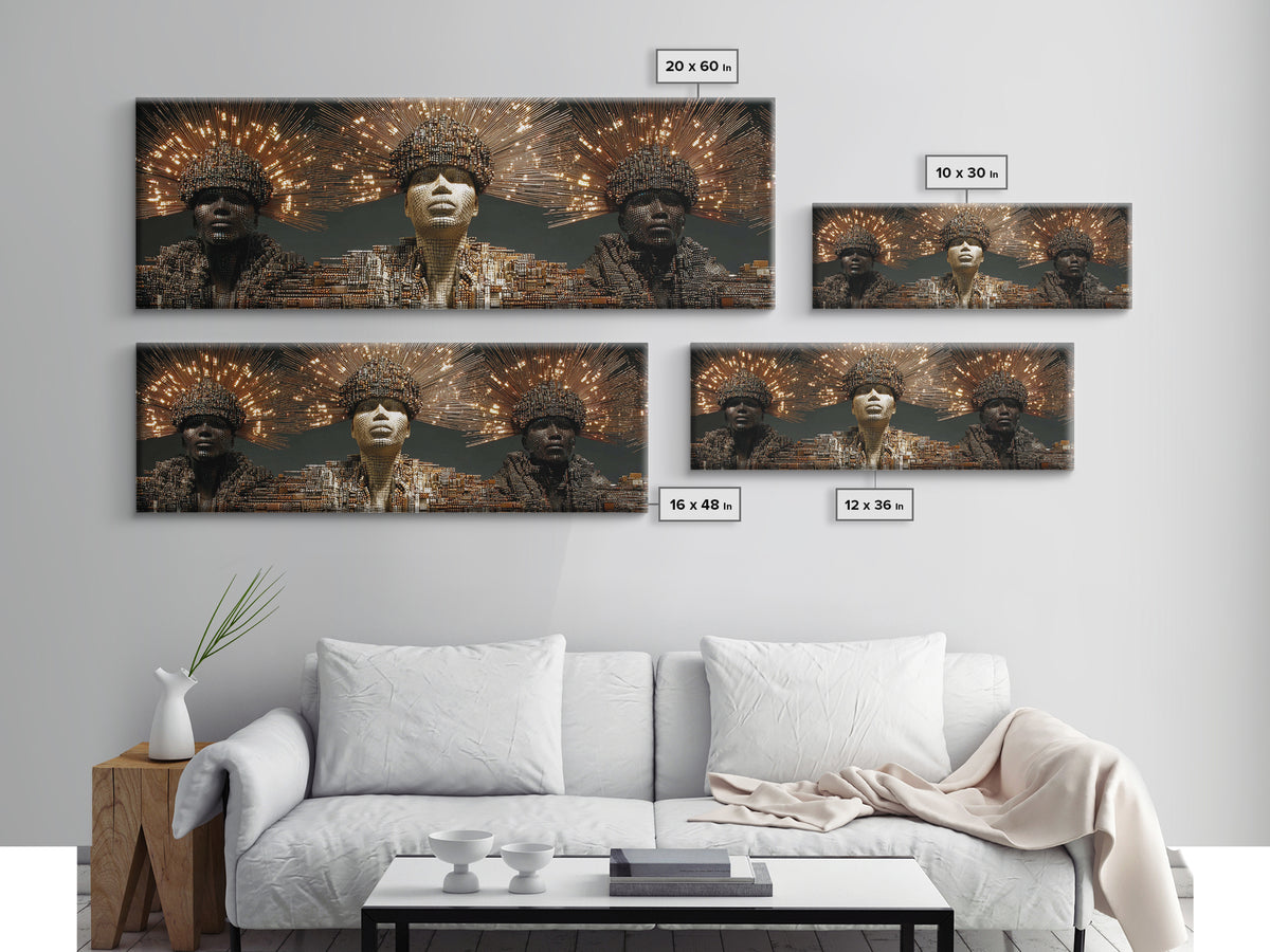 Radiant African Futurist Trio Framed Canvas Print, Black Culture Art, Afrocentric Wall Art, Gold Jewelry Canvas Decor Gift