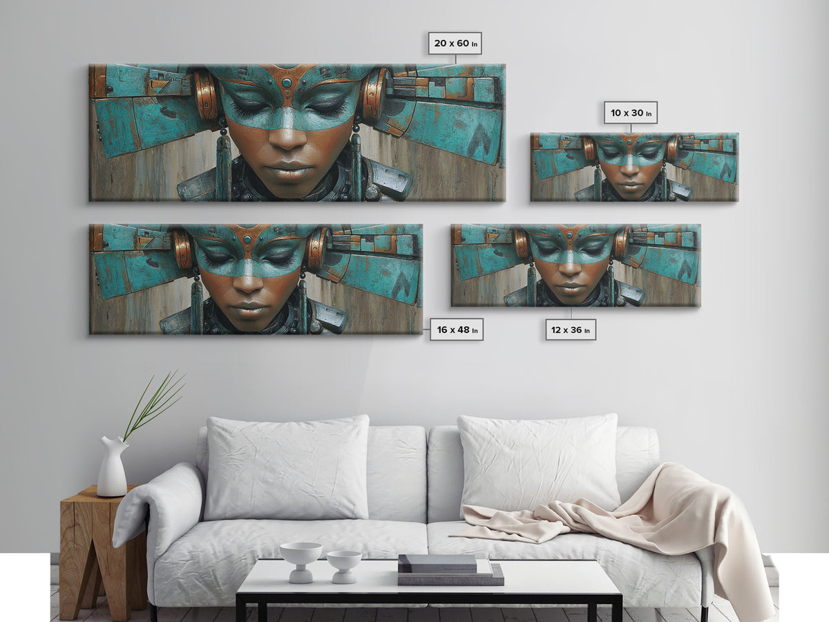 Futuristic Turquoise African Queen Mask Canvas Print, Afrofuturism Decor, Black Goddess Portrait, Modern Afro Wall Decor