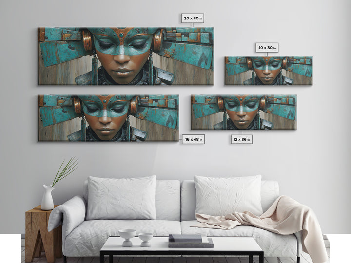 Futuristic Turquoise African Queen Mask Canvas Print, Afrofuturism Decor, Black Goddess Portrait, Modern Afro Wall Decor