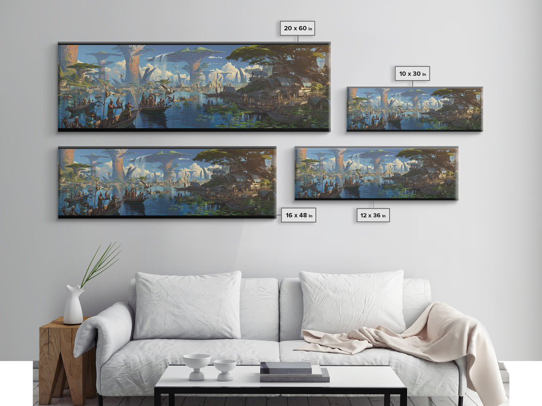 Afrofuturist African Waterfront Village Wall Art, Fantasy Baobab Landscape, Cultural Safari Decor, Unique Canvas Gift, Home Decor