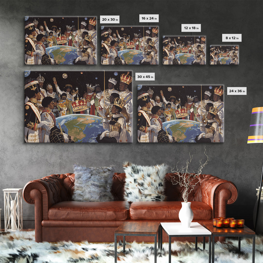 Cosmic African Royal Council Over Earth Wall Art, Afrocentric Black History Decor, African American Art, Regal Canvas Print