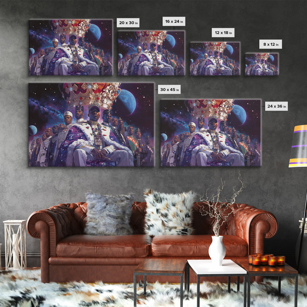 Galactic Black King And Royal Guard Framed Canvas Print, African American Art, Afrocentric Wall Decor, Black Man Portrait