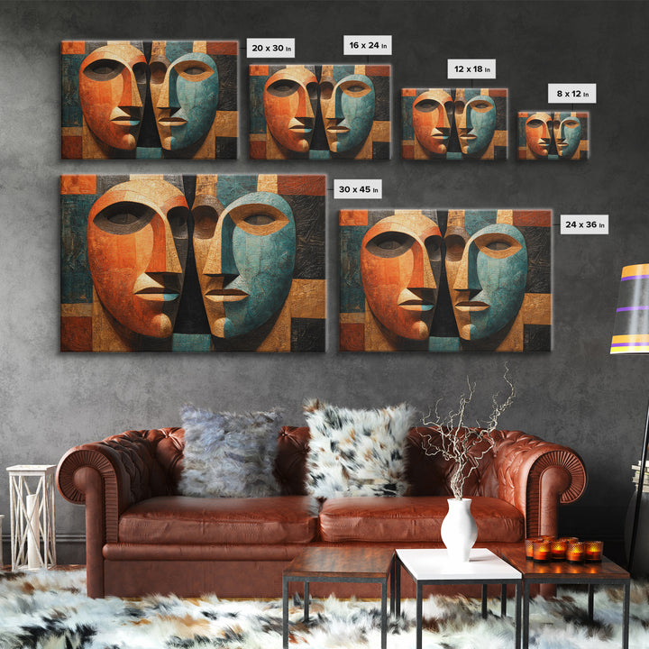 Cubist African Mask Faces Canvas Print, Abstract African Art, Tribal Wall Decor, Geometric Portrait, Bold Home Decor Gift