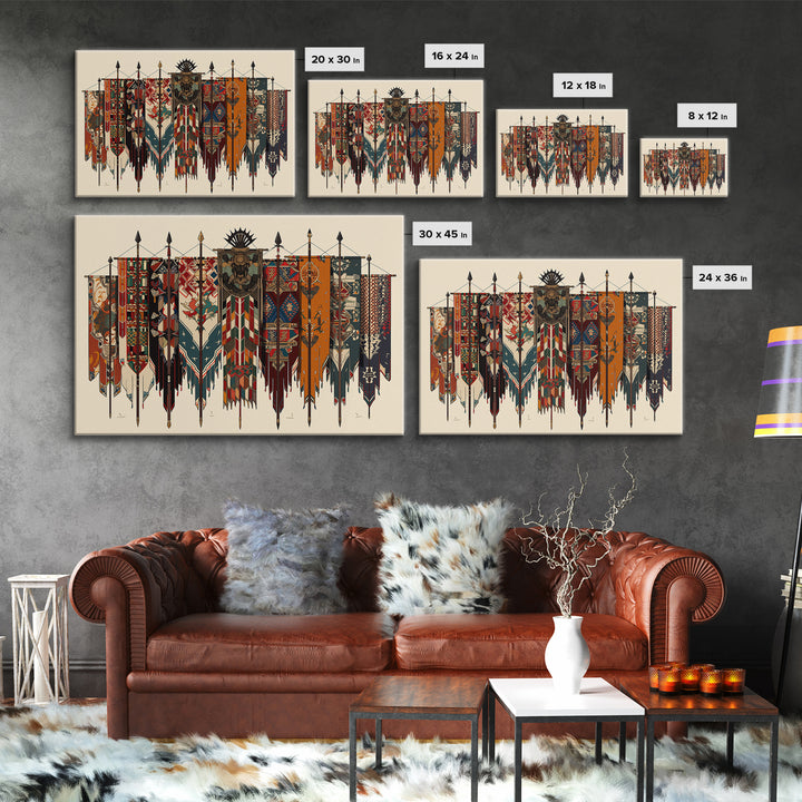 Patterned Tribal War Banners With Spears, African Wall Art, Ankara Decor, Cultural Art Print, Bold Framed Canvas Print, Ethnic Wall Decor