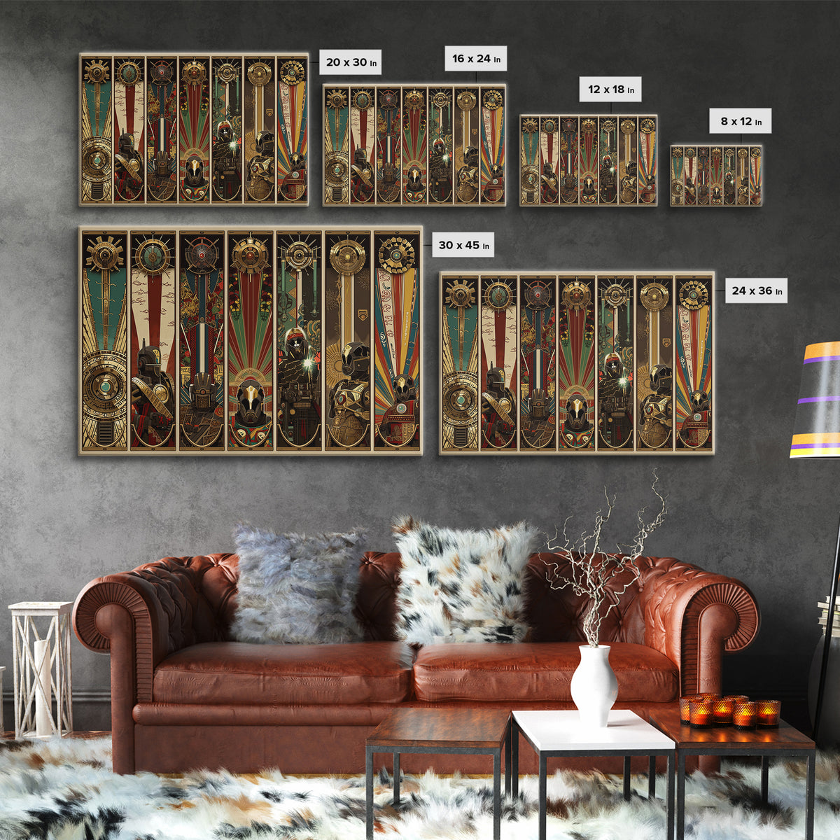 Futuristic Tribal Totem Panels And Helmets, African Wall Art, Afrofuturism Decor, Geometric Art, Framed Canvas Print, Bold Home Decor