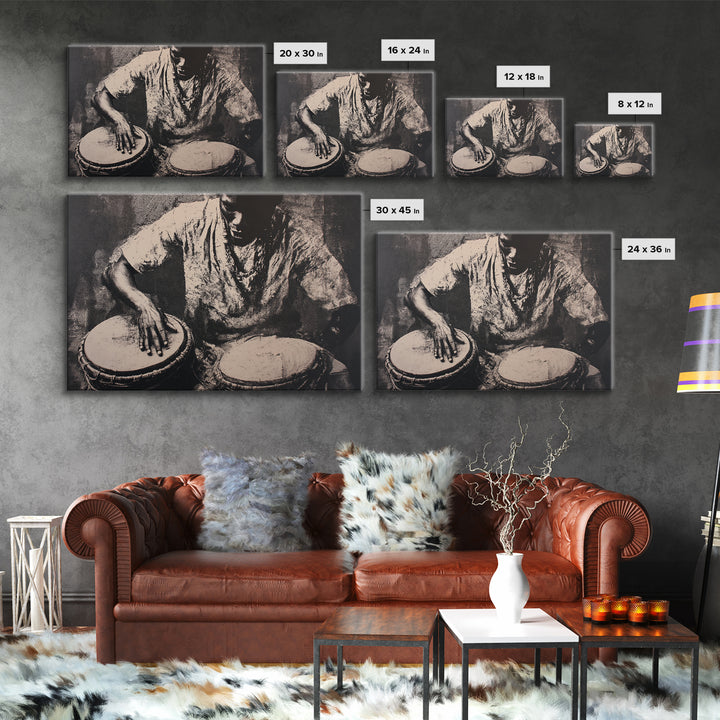 Monochrome African Drummer Portrait, African Wall Art, Black Culture Art, Tribal Decor, Black Art Print, Framed Canvas Print