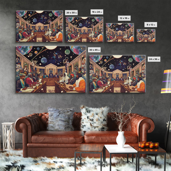 Afrofuturist African Council In Space Canvas Print, Black Culture Art, Diaspora Art, Modern African Art, Statement Wall Decor
