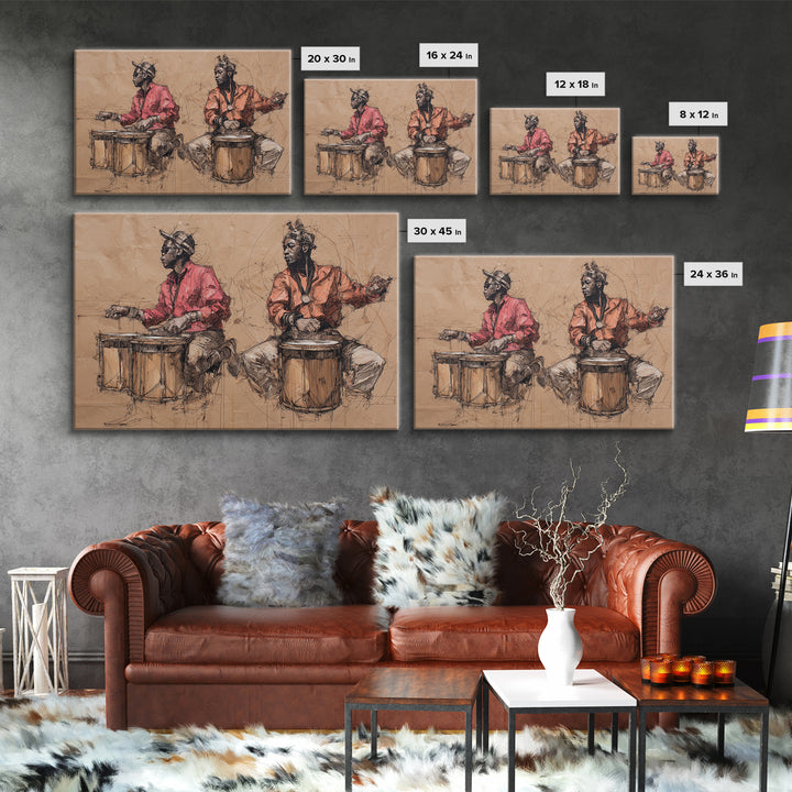 Two African Drummers Sketch Framed Canvas Print, Tribal Art Print, African Culture Art, Music Room Decor, Afrocentric Artwork