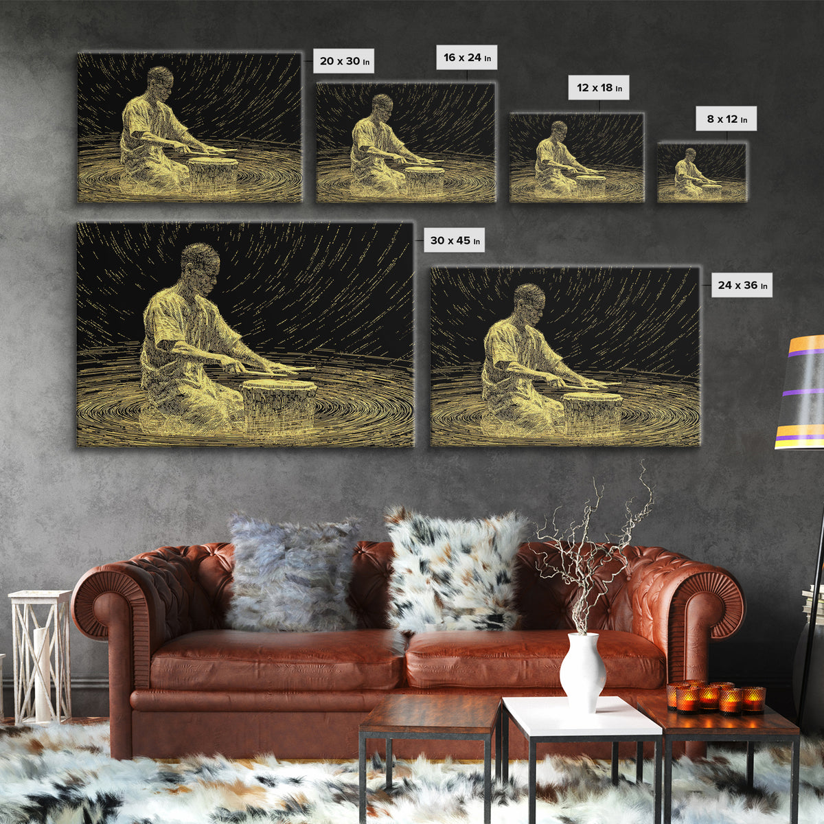 Golden African Drummer Line Art Wall Art, Black And Gold Art, Spiritual Music Decor, Afrocentric Wall Art, Unique Canvas