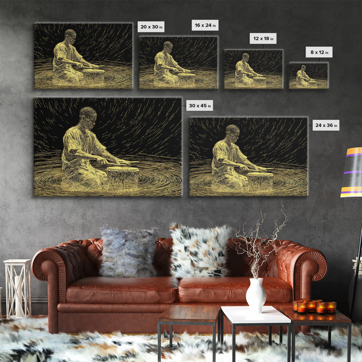 Golden African Drummer Line Art Wall Art, Black And Gold Art, Spiritual Music Decor, Afrocentric Wall Art, Unique Canvas