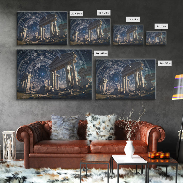 Starlit Ancient Temple Ruins Framed Canvas Print, Mystical Wall Art, Spiritual Wall Decor, Astrology Inspired Home Decor