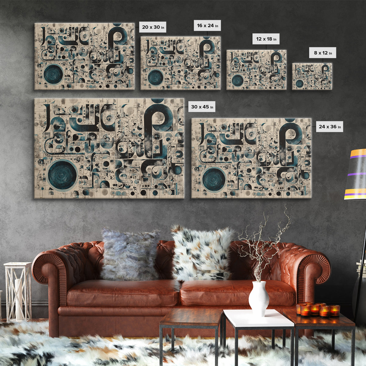 Modern Teal Black Geometric Symbols Canvas Print, Abstract Pattern Wall Decor, Contemporary Art, Office Home Accent, Statement Piece