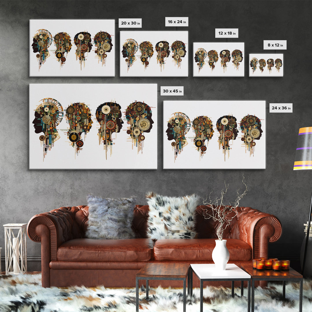 Four Afrofuturist Profile Heads Wall Art, Geometric Portrait Canvas, Black Culture Decor, Modern Abstract Office Gift For Home