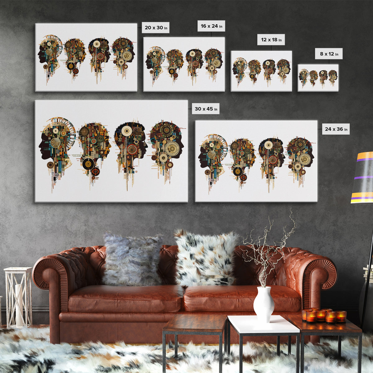 Four Afrofuturist Profile Heads Wall Art, Geometric Portrait Canvas, Black Culture Decor, Modern Abstract Office Gift For Home