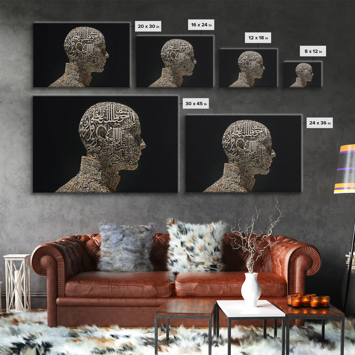 Arabic Calligraphy Human Head Canvas Print, Black Gold Spiritual Portrait Wall Art, Islamic Inspired Modern Home Decor Gift