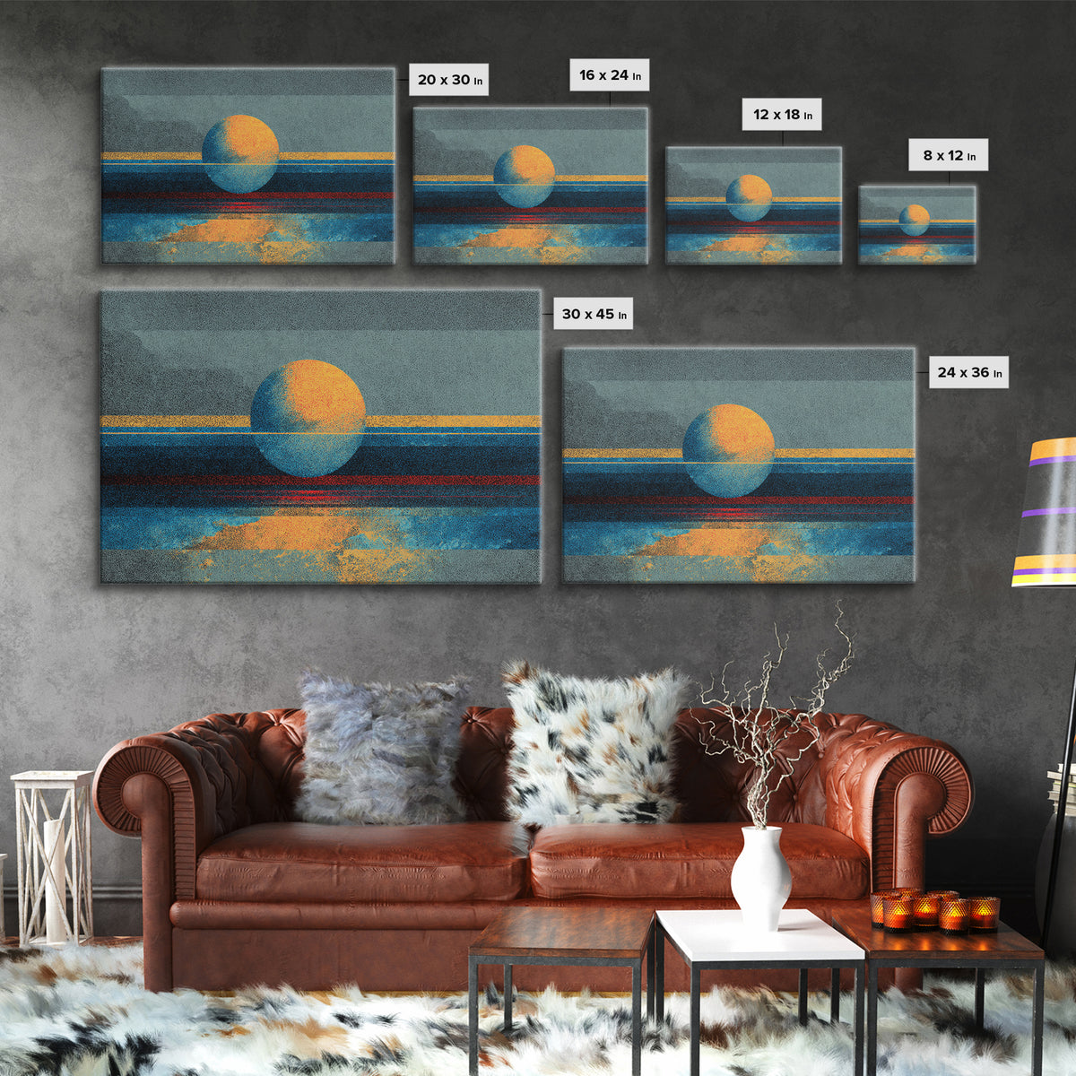 Textured Abstract Sun Over Ocean Wall Art, Minimalist Seascape Canvas Print, Blue Orange Modern Decor, Dreamy Home Gift For Bedroom