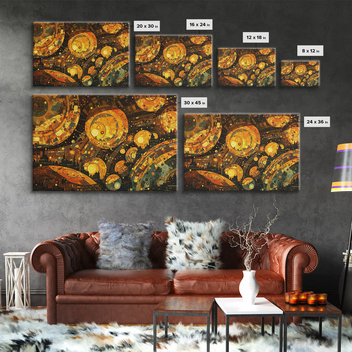 Golden Cosmic Mechanical Orbs Canvas Print, Futuristic Abstract Wall Art, Orange Space Decor, Unique Modern Statement Gift