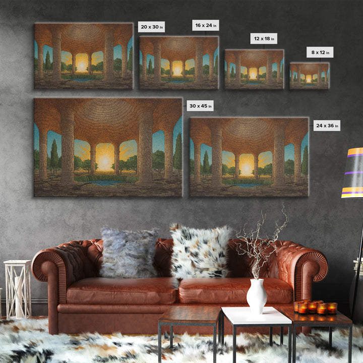 Ancient Stone Colonnade Garden Wall Art, Sunset Rotunda Landscape Canvas Print, Earth Tone Cultural Home Decor Gift For Living Room