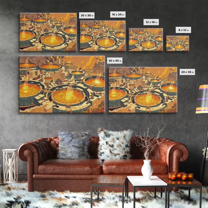 Futuristic Golden Circular City Canvas Print, Sci Fi Abstract Wall Art, Orange Urban Decor, Modern Statement Piece For Home Office