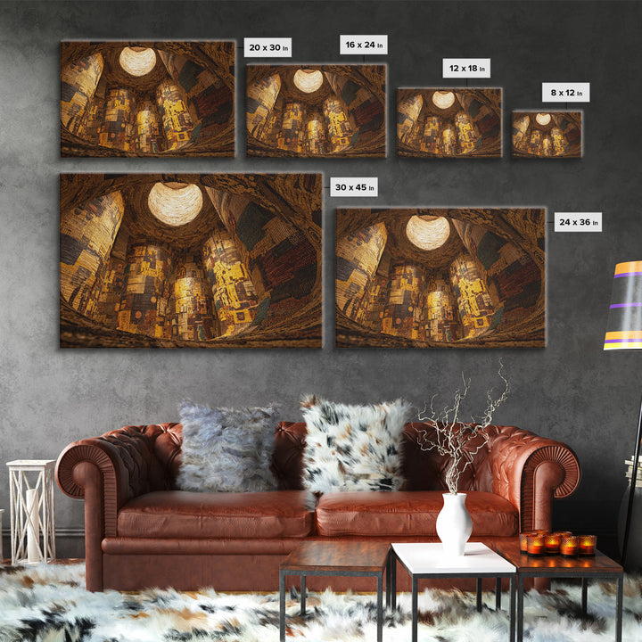 Cavernous Golden Patterned Tower Wall Art, Mystical Architecture Canvas Print, Warm Abstract Cultural Home Decor Gift For Gallery